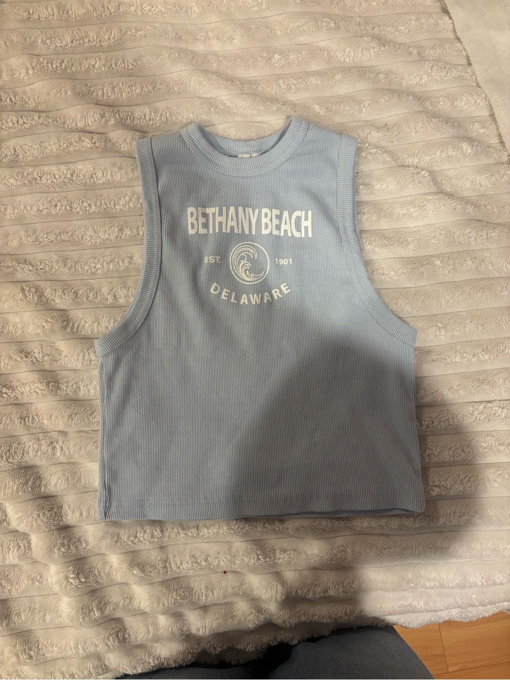 Lagaci Light Blue Ribbed Bethany Beach Graphic Tank